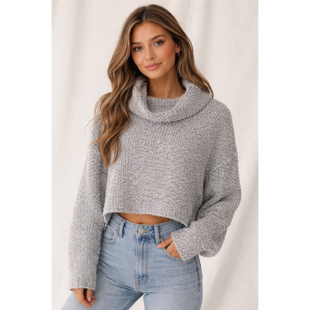 Free People Grey Cowl Neck Cropped Boucle Knit Sweater Womens XS OB1041935